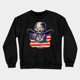 Cat in Hat Retro American USA Flag 4th July Pop Art Cat Lover Crewneck Sweatshirt